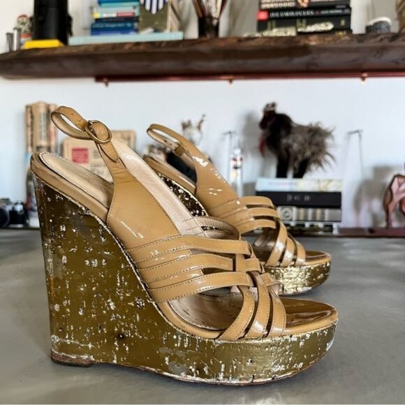 YSL Idole Gold Wedge Platform Patent Leather Nude Sandals - Picture 1 of 11
